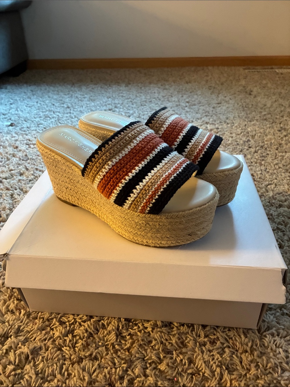 Marc Fisher Striped Crochet Espadrille Wedges in Black, Cream & Brown